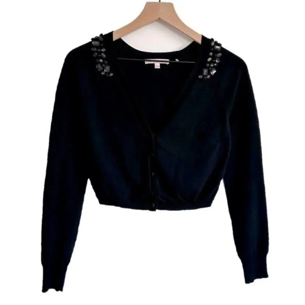 Rebecca Taylor Black Cropped Cardigan Rhinestone Embellished Size S